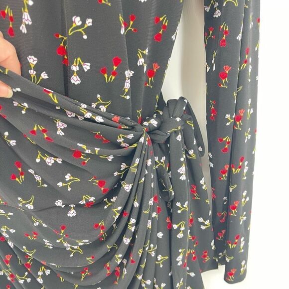 Lark & Ro Black floral long sleeve true wrap dress large dainty floral flowers m - Picture 12 of 16